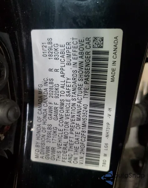 2021 Honda Civic Sport z USA, uszkodzony, nr VIN 2HGFC2F81MH535240